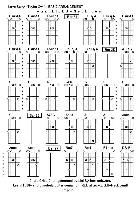 Chord Grids Chart of chord melody fingerstyle guitar song-Love Story - Taylor Swift - BASIC ARRANGEMENT,generated by LickByNeck software.